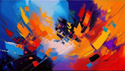 Aufkleber - dynamic explosion of color in abstract digital painting with vivid contrast of blue, red, and orange for modern art prints


