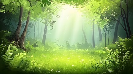 Wall Mural - Sunlight Filtering Through the Trees in a Lush Green Forest Clearing