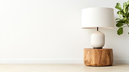 Poster - a minimalist white lamp resting on a warm wooden base, surrounded by a green plant, creating a seren