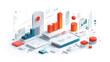 © chuan - The image is a digitally created isometric illustration depicting various data visualization elements.  These include bar charts, cylinder charts, and other graphical representations of