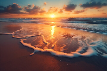 Poster - Beautiful seascape at sunrise. Beautiful beach and tropical sea under while orange sunset with clouds.  Beautiful summer seascape. Composition of nature.  Travel and  holiday concept. AI generated.