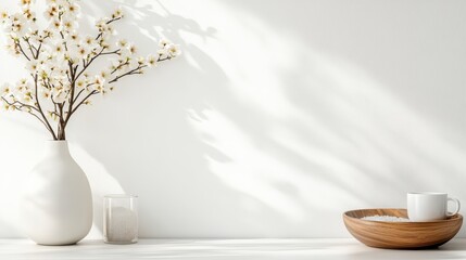 Poster - A chic white ceramic vase holds a delicate floral arrangement, perfectly capturing the essence of minimalism and beauty in interior decor against a soft backdrop.
