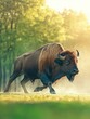 © BrandwayArt - European bison walking through a misty forest at dawn