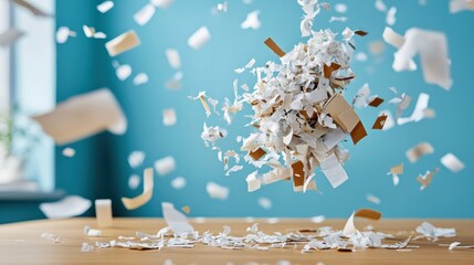 Poster - An abstract representation of shredded paper floating in mid-air against a vibrant blue background, conveying a sense of creativity and the essence of transformation.