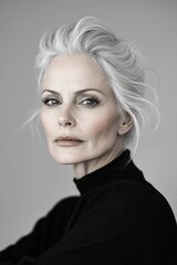 Poster - An older model with silver hair exudes elegance in a minimalist avant-garde outfit. Soft-focus lighting enhances her features, creating a captivating and artistic atmosphere