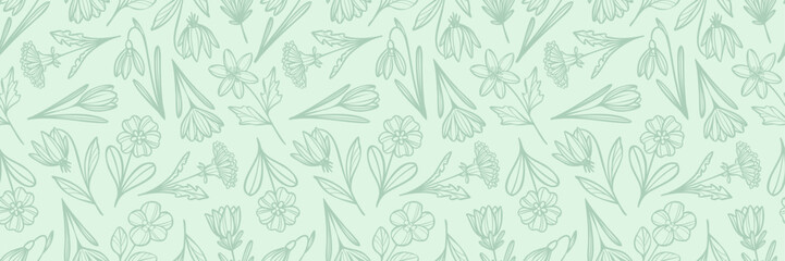 Aufkleber - Spring floral elegant minimalist light green line art flower pattern background, seamless repeating wallpaper design