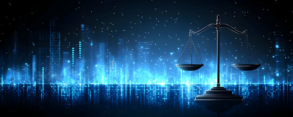 Poster - Justice scales, futuristic city, digital