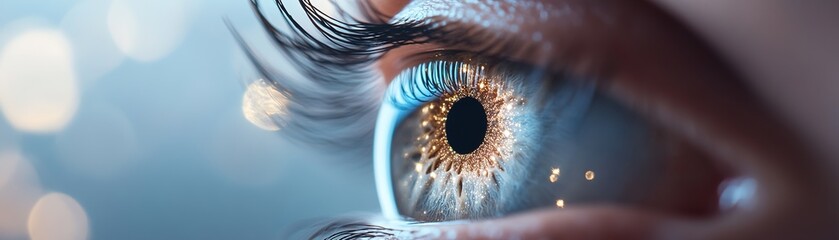 Poster - A glowing human eye floats in a cosmic dreamscape, capturing the essence of nebulae and stars. Soft golden hues create an enchanting atmosphere, inviting exploration