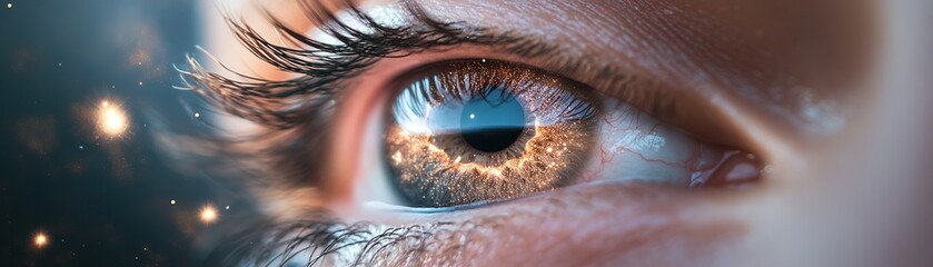 Poster - A glowing human eye hovers in a dreamy cosmos, capturing the essence of nebulae and stars. Soft golden hues create a mystical atmosphere, inviting imagination and wonder