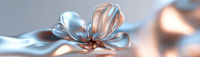 Poster - Abstract flowers crafted from liquid metal float gracefully in a minimalist and high-fashion environment, illuminated by soft ambient light, creating a surreal luxury atmosphere