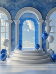 Poster - elegant podium in a frame with balloons and with empty space for text . Generative AI
