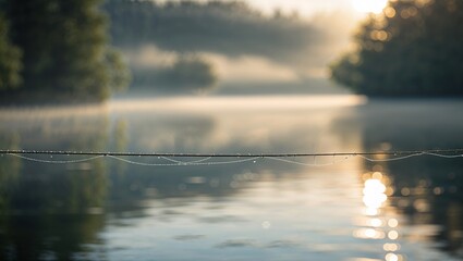 Poster - Dew drops glisten on a spider web above a tranquil lake at dawn surrounded by misty trees