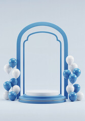 Poster - elegant podium in a frame with balloons and with empty space for text . Generative AI