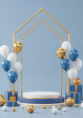 Poster - elegant podium in a frame with balloons and with empty space for text . Generative AI