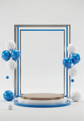 Poster - elegant podium in a frame with balloons and with empty space for text . Generative AI