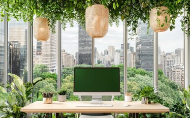 Aufkleber - this modern workspace boasts a green screen monitor, keyboard, and decorative plants, with the added