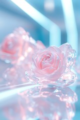 Poster - Holographic roses float in a futuristic setting, illuminated by soft neon light. Ethereal reflections create a dreamlike atmosphere, perfect for a high-fashion concept
