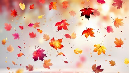 Wall Mural - colorful autumn leaves falling gracefully in a serene forest setting during sunset