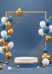 Poster - elegant podium in a frame with balloons and with empty space for text . Generative AI