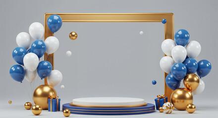Poster - elegant podium in a frame with balloons and with empty space for text . Generative AI