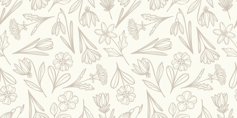 Poster - Warm neutral spring flower doodles elegant vector floral background, seamless repeating pattern with illustrated wild plants, repeat tile