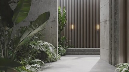 Poster - The office reception boasts a modern design with wooden ceiling, glass walls, and lush green plants