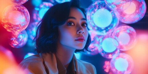 Aufkleber - A captivating portrait of a young woman surrounded by vibrant glowing bubbles. The colorful lights create a dreamy atmosphere. Perfect for artistic expressions and modern styles. AI