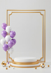 Poster - elegant podium in a frame with balloons and with empty space for text . Generative AI