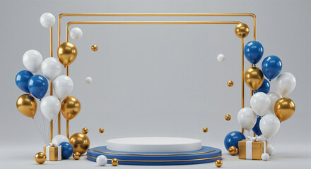 Poster - elegant podium in a frame with balloons and with empty space for text . Generative AI