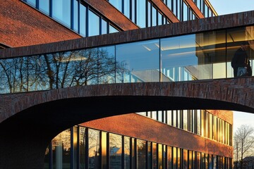 Poster - The backdrop of this image features abstract layers of architecture, emphasizing the relationship between structural elements, reflections, and the urban dynamics of Amsterdam