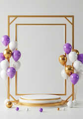 Poster - elegant podium in a frame with balloons and with empty space for text . Generative AI