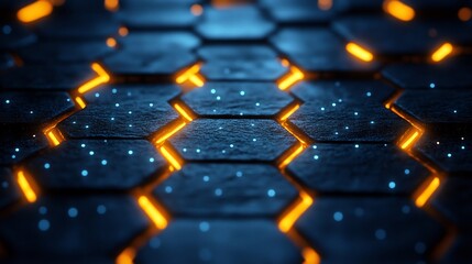 Wall Mural - Glowing Hexagon Grid Abstract Background Deep Blue Orange Light. AI Generated