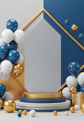 Poster - elegant podium in a frame with balloons and with empty space for text . Generative AI