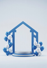 Poster - elegant podium in a frame with balloons and with empty space for text . Generative AI