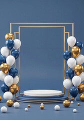 Poster - elegant podium in a frame with balloons and with empty space for text . Generative AI