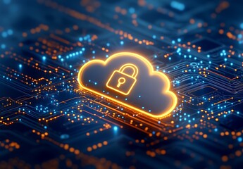 Poster - Glowing Cloud with Open Padlock on Top of Circuit Background