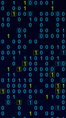 Poster - Blue and yellow glowing binary matrix on a grid, vertical composition. Technology background for graphic design.