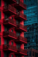 Poster - A building facade in Barcelona, Spain, showcases its vibrant red color and multiple balconies, providing a striking contrast to the modern skyscrapers that surround it, highlighting urban