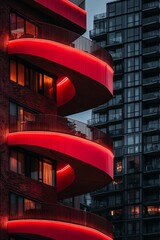 Poster - The vibrant red facade of this building, complete with multiple balconies, stands out against the contemporary skyscrapers in the background, illustrating the contrast of urban architecture in
