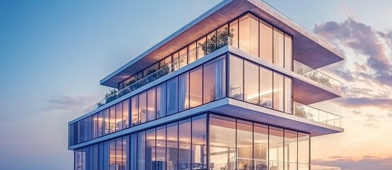 Poster - A contemporary office building set against a clear sky at evening, making it suitable as an image for copy space