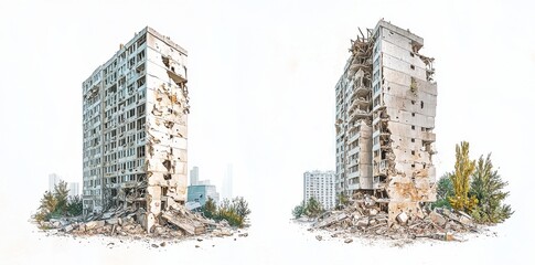 Poster - isolated images of ruined skyscrapers on a background that is either transparent or white