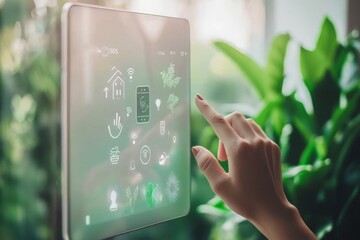 Poster - A woman is utilizing a smart home automation system on a tablet mounted to the wall