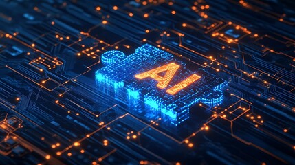 Poster - Glowing AI Puzzle Piece Surrounded by Circuitry and Technology Elements