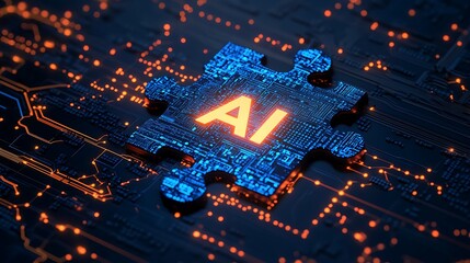 Poster - AI Puzzle Piece Glowing in Blue on High-Tech Background