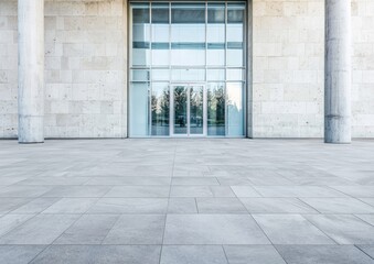 Poster - Empty concrete ground sits in front of modern office buildings located in downtown, serving as a floor for copy space