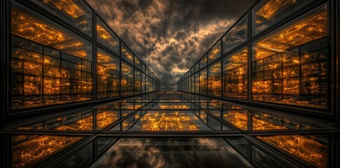 Poster - The building stood tall, its multiple windows a striking feature against the cloudy sky behind it