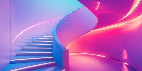 Aufkleber - A modern spiral staircase with vibrant blue and pink lighting. The scene evokes a sense of movement and creativity. Perfect for art, design, or contemporary architecture projects. AI