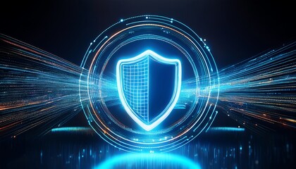 Poster - A glowing shield icon symbolizing digital security against a dark background, with vibrant light trails giving a sense of movement and technology.