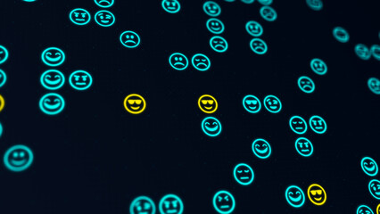 Poster - Blue and yellow glowing emoji icons matrix on a grid. Bokeh effect, horizontal composition. Funny background for graphic design.