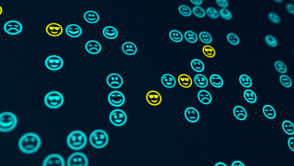 Poster - Blue and yellow glowing emoji icons matrix on a grid. Bokeh effect, horizontal composition. Funny background for graphic design.